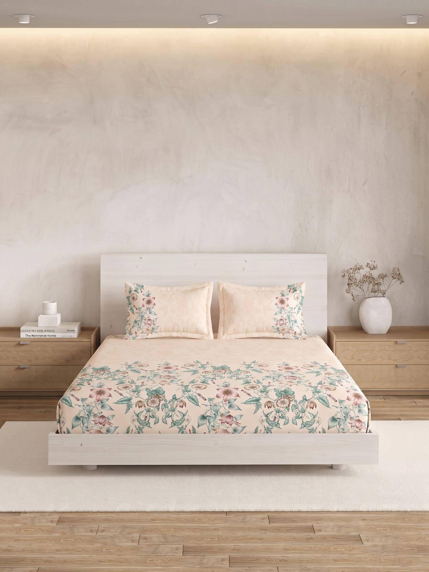 Ddecor Live Beautiful 100% Cotton Floral 180TC Super King Bedsheet With 2 Pillow Covers - Beige
