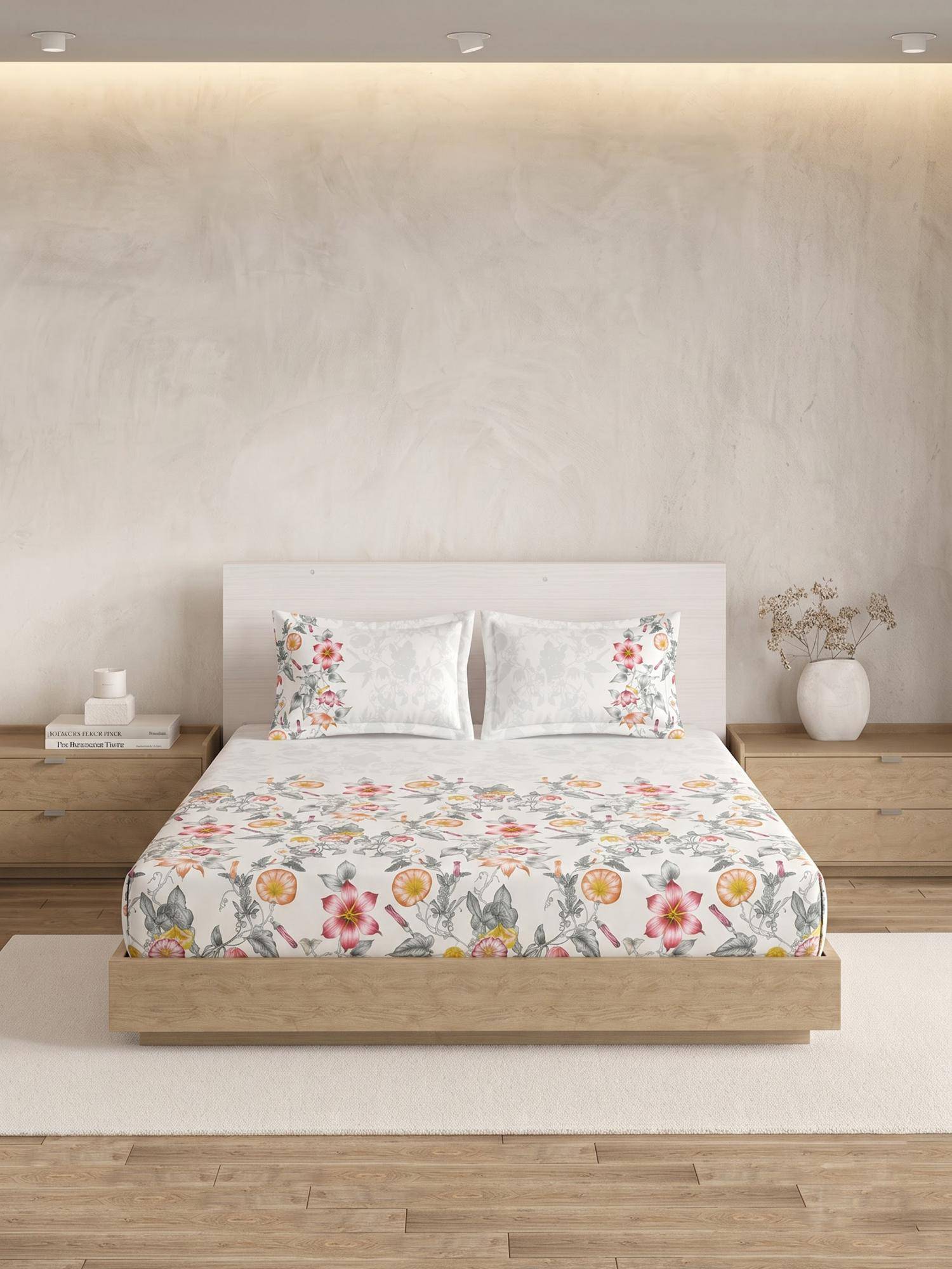 Ddecor Live Beautiful 100% Cotton Floral 180TC Super King Bedsheet With 2 Pillow Covers - Grey