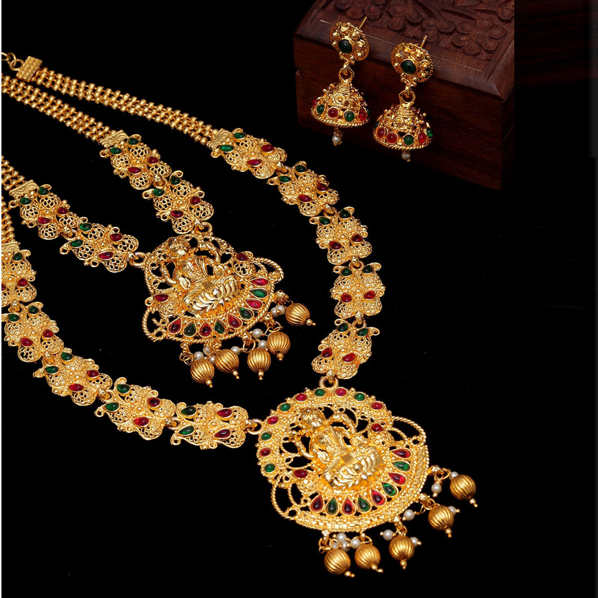 PANASH Gold-Plated Red Green Stone-Studded Beaded Handcrafted Temple ...