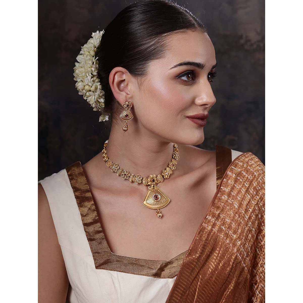 PANASH Gold Plated Stones Studded and Beaded Necklace and Earrings (Set of 2)