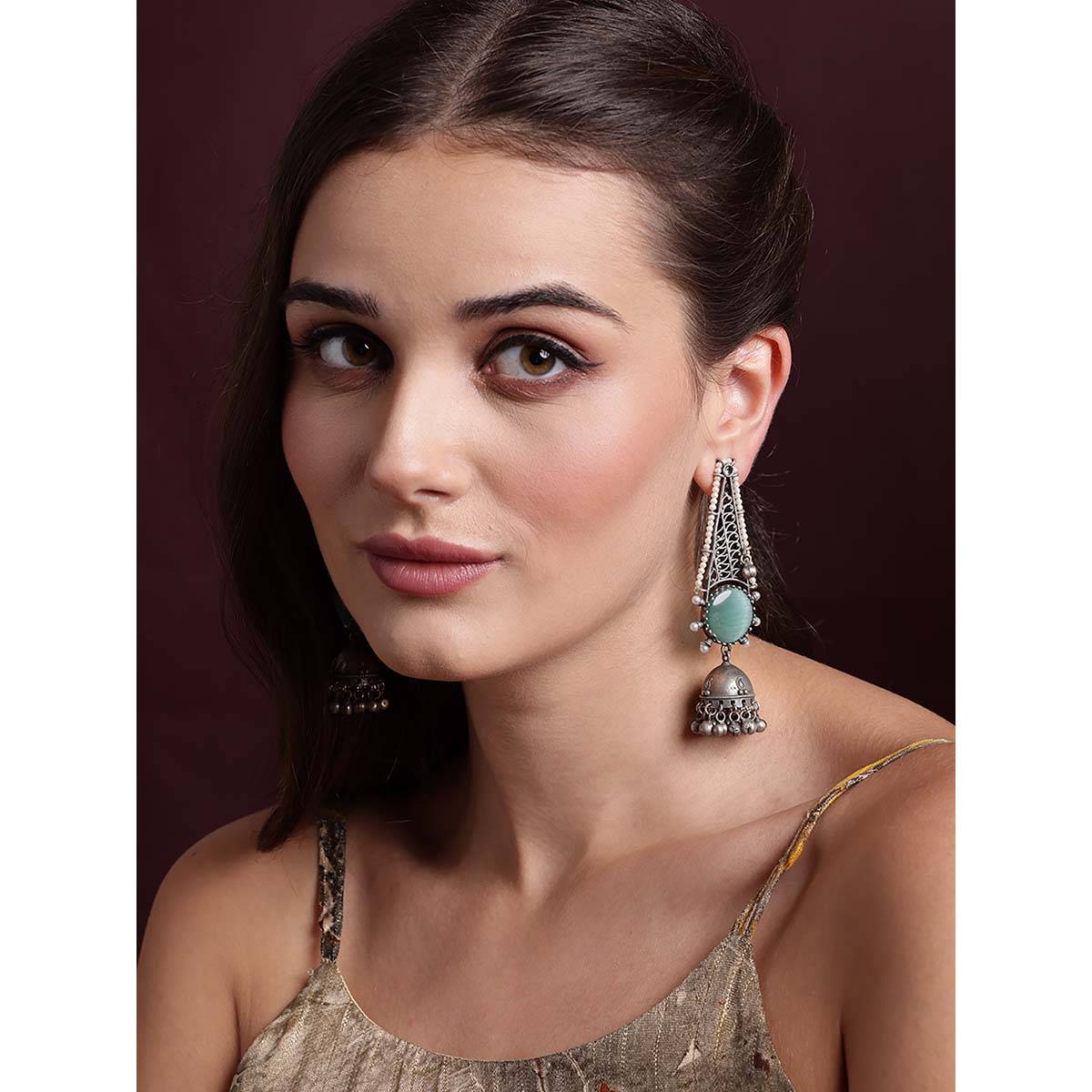 PANASH Silver Plated Cubic Zirconia Studded Oxidized Jhumka Earrings
