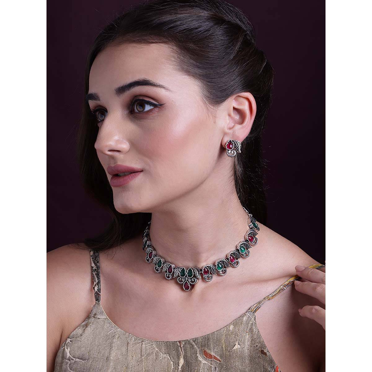 PANASH Silver Plated Stone Studded Jewellery (Set of 2)
