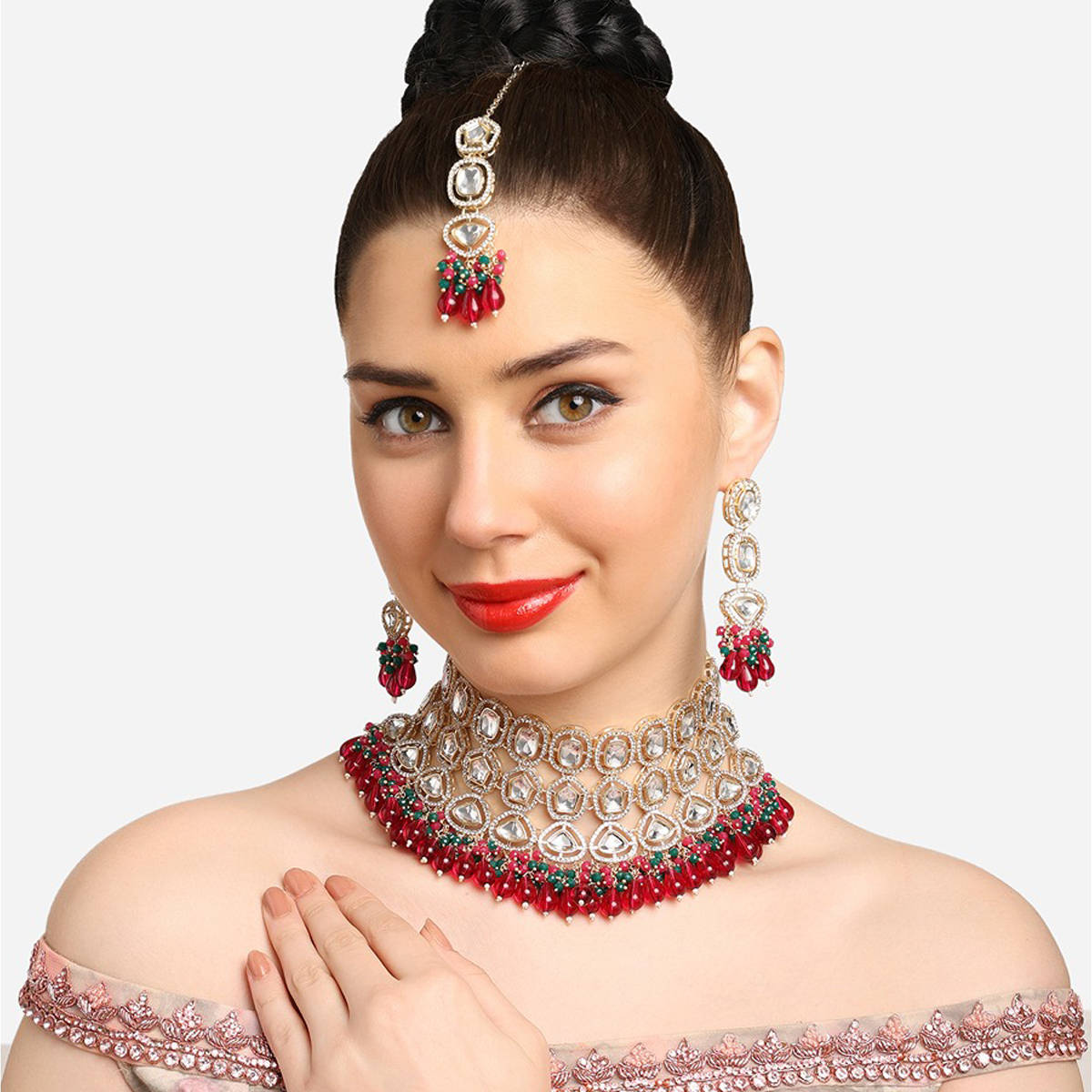 Zaveri Pearls Rani Pink Green Crystal Stones Beads Necklace Earring & Maangtikka Set