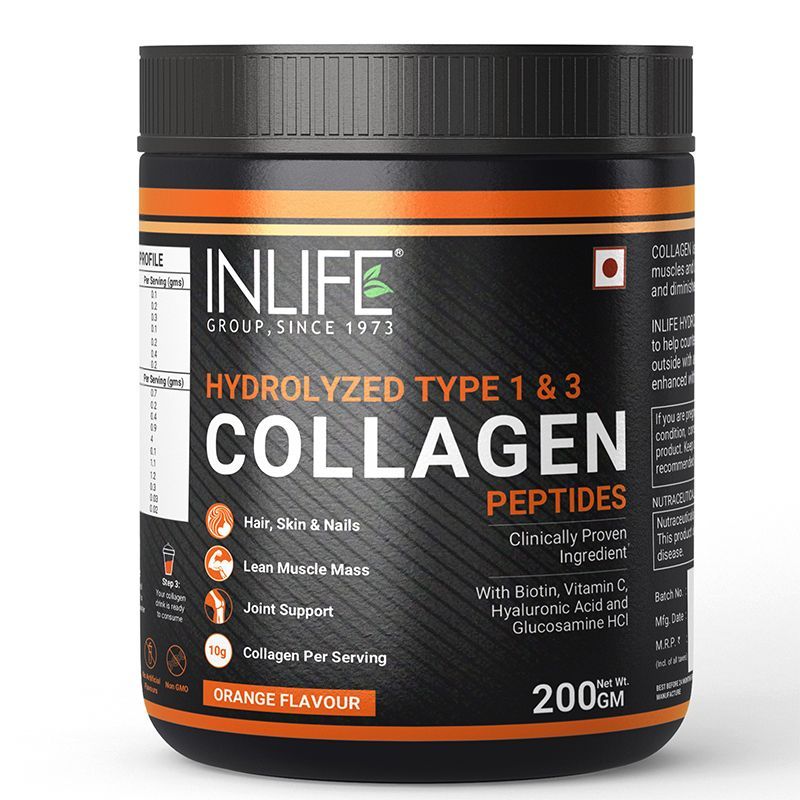 Inlife Hydrolysed Collagen Peptides Powder Type 1 and 3, Skin Health for Men & Women - Orange Flavour