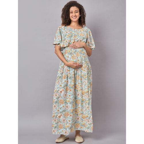 Mine4Nine Sky Blue Floral Pattern Maternity and Nursing Maxi Dress with  Side Zippers and Slit (XL)