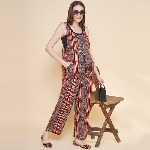 Mine4Nine Womens Stripe Printed Red Color Maternity Jumpsuit (2XL)