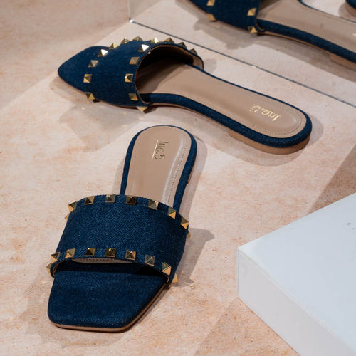 Buy Womens Navy Solid Square Toe Casual Flat Slip-On Online