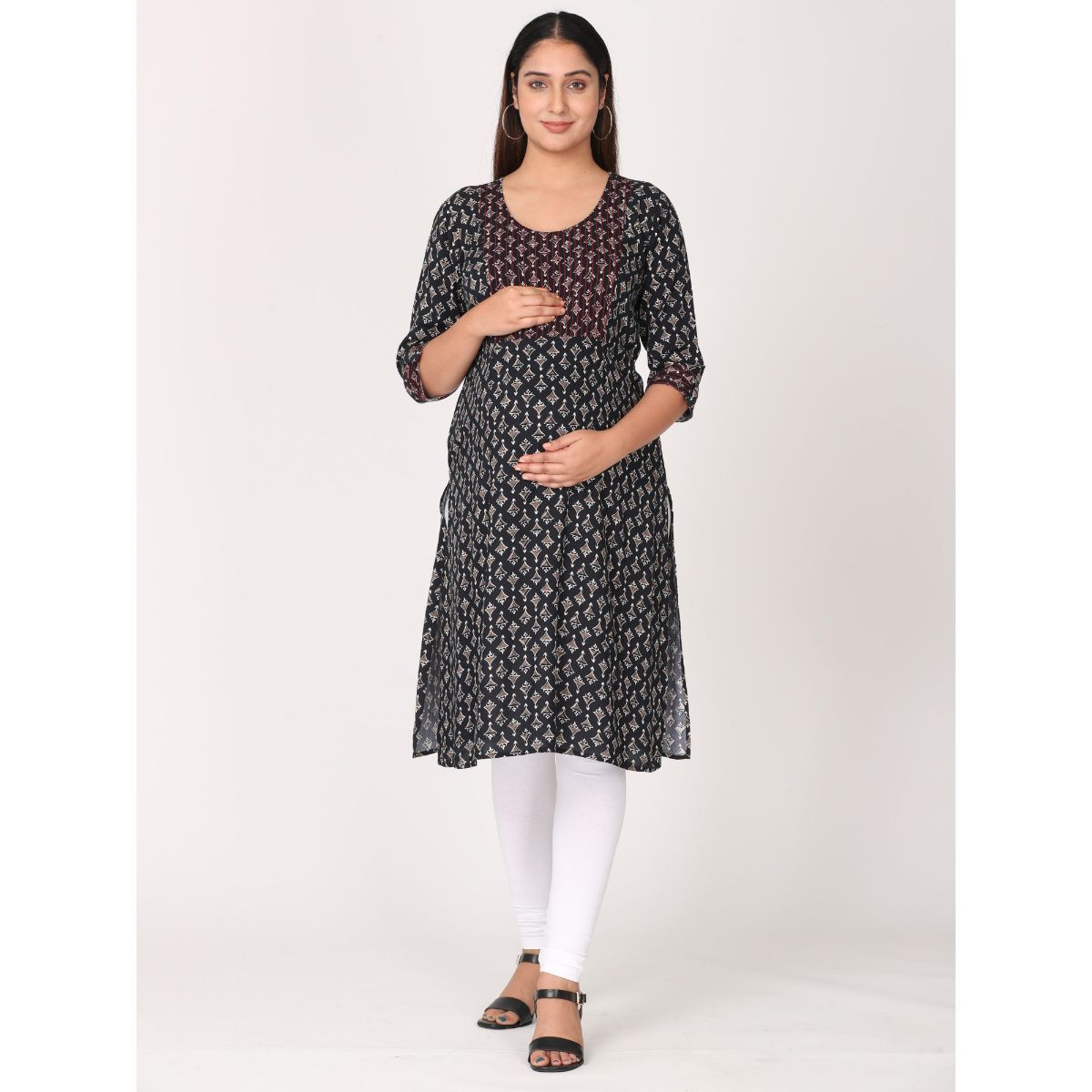 Womens Black-Colored Printed Feeding Kurta main image 1