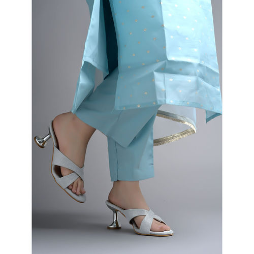 Shoetopia Embellished Silver Sparkle Spool Heeled Sandals for Women (EURO  37)