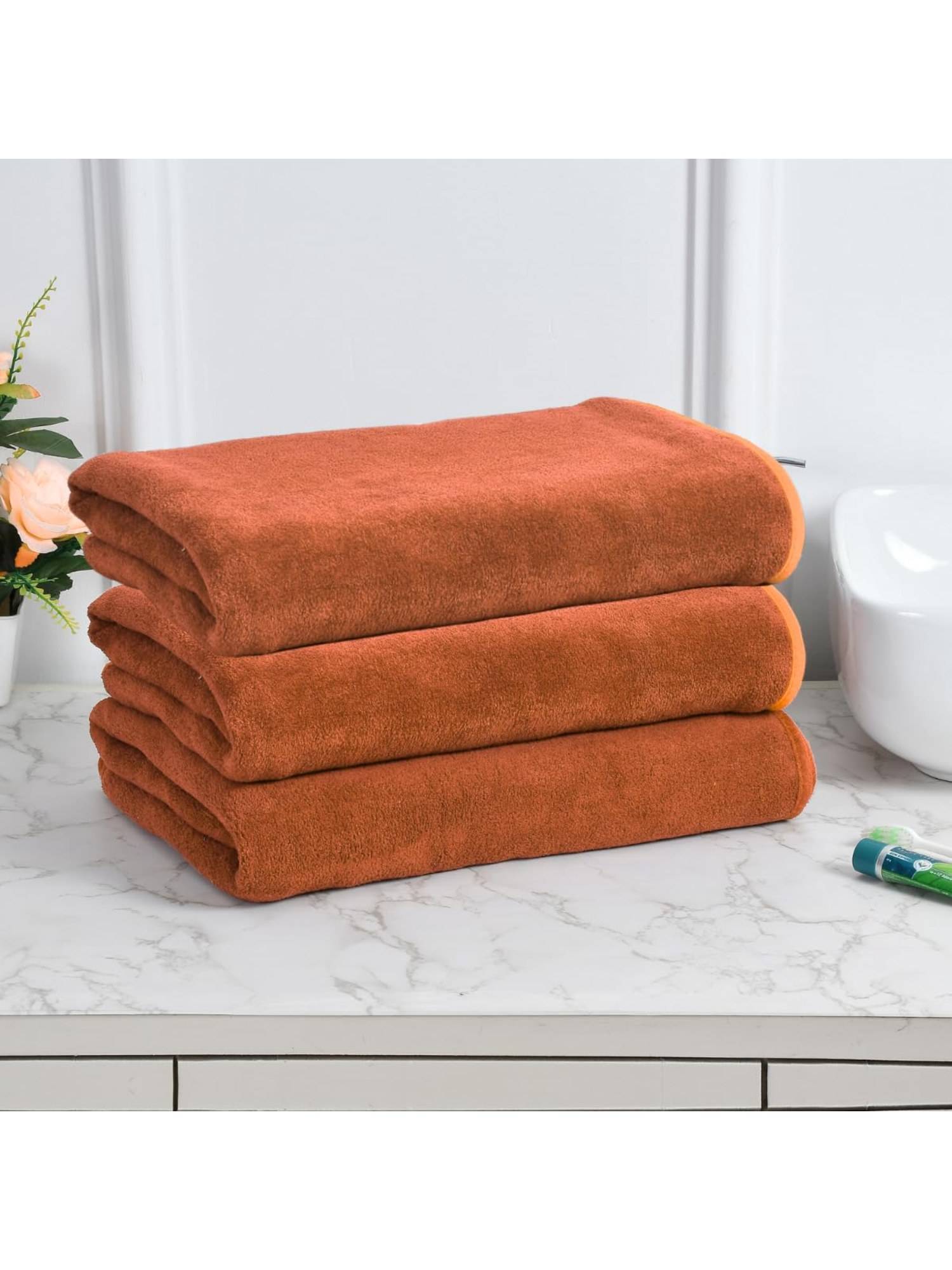Black Gold Microfiber Bath Towels Super Absorbent Plain Orange (Pack Of 3)