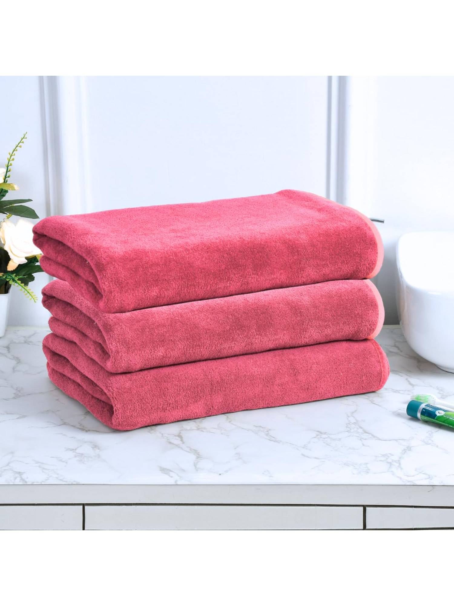 Black Gold Microfiber Bath Towels Super Absorbent Plain Pink (Pack Of 3)