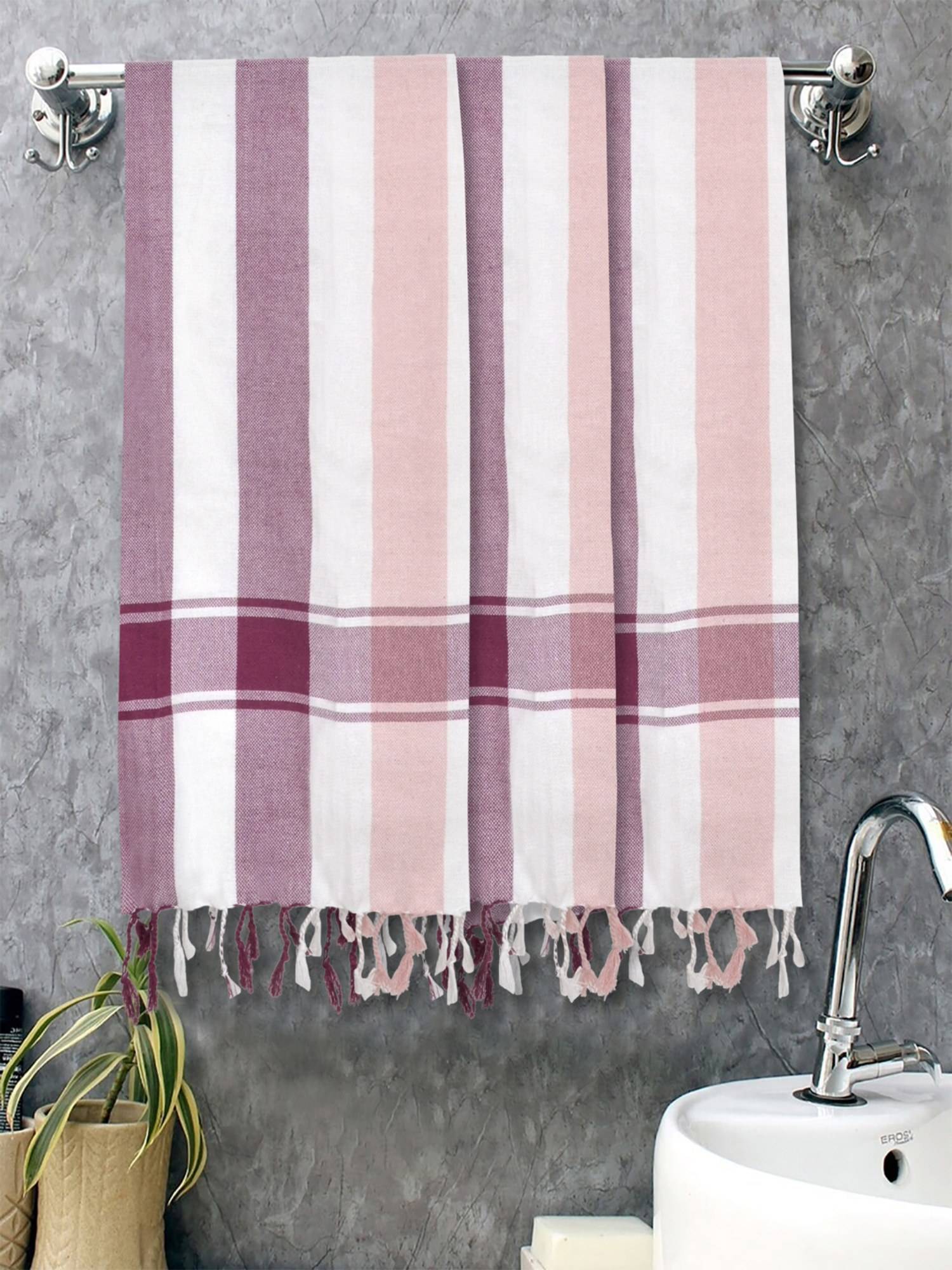 FABINALIV Pink Striped 225 Gsm Cotton Bath Towels (Pack of 3)
