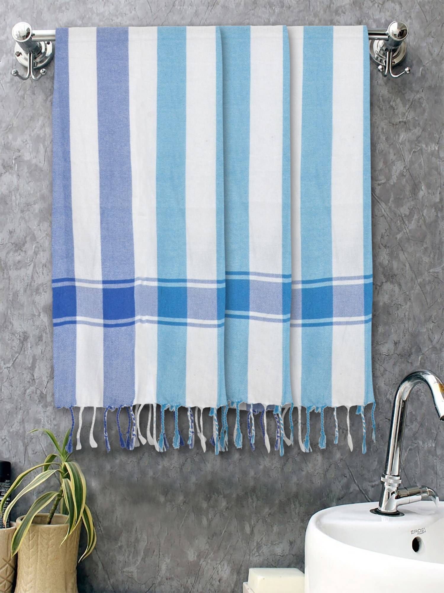 FABINALIV Blue Striped 225 Gsm Cotton Bath Towels (Pack of 3)