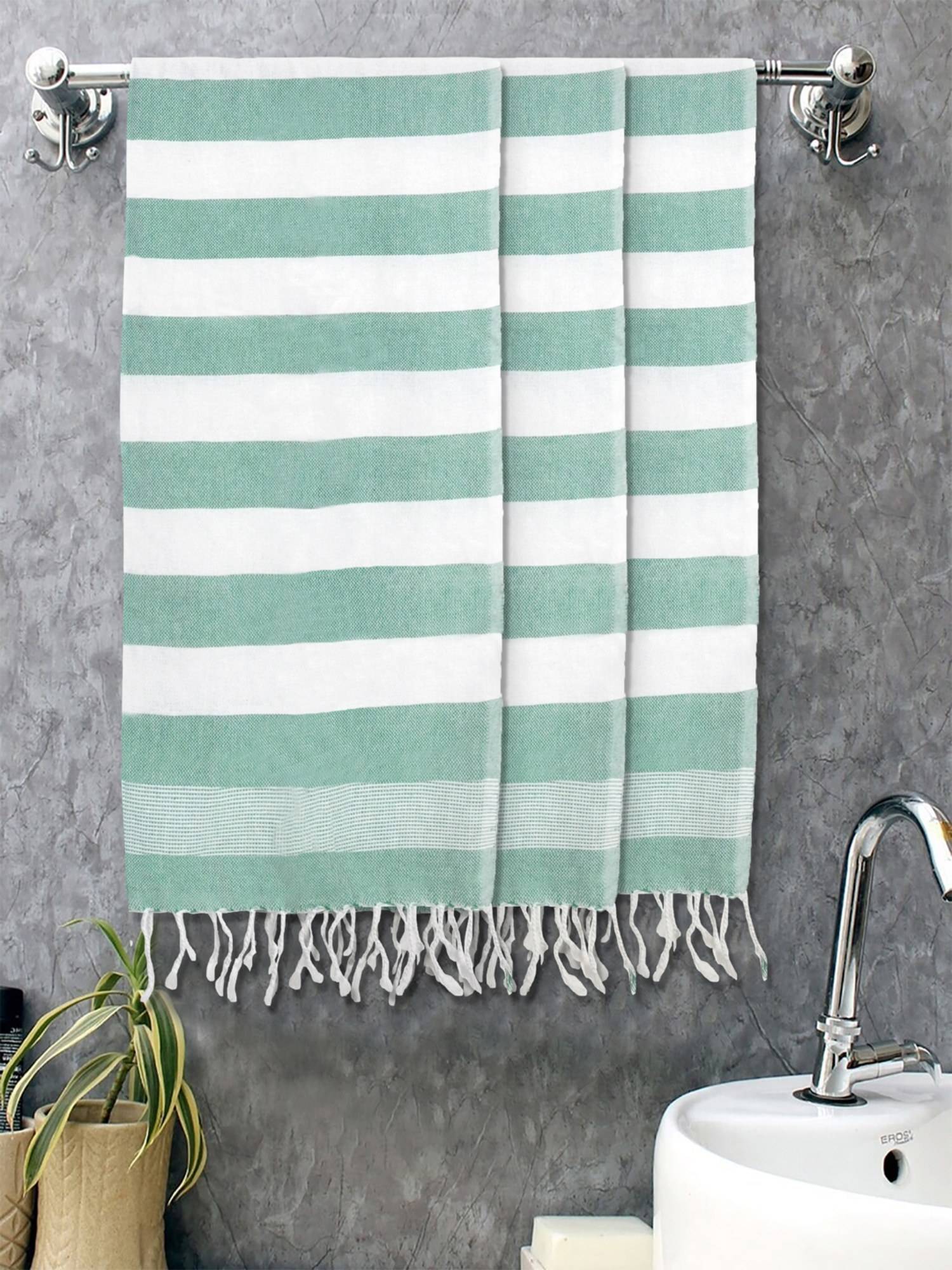 FABINALIV Green Striped 225 Gsm Cotton Bath Towels (Pack of 3)