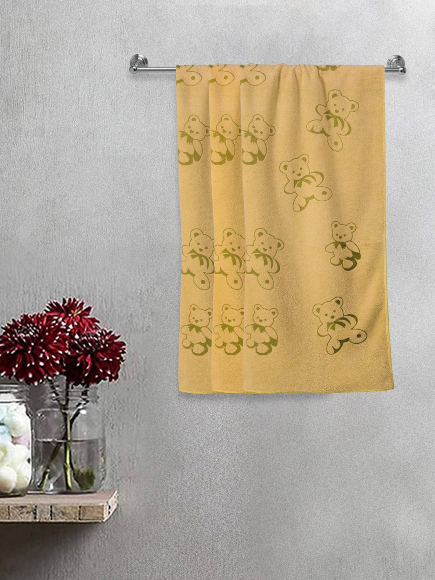 FABINALIV Yellow Cartoon Print Cotton Kids Bath Towels (Pack of 3)