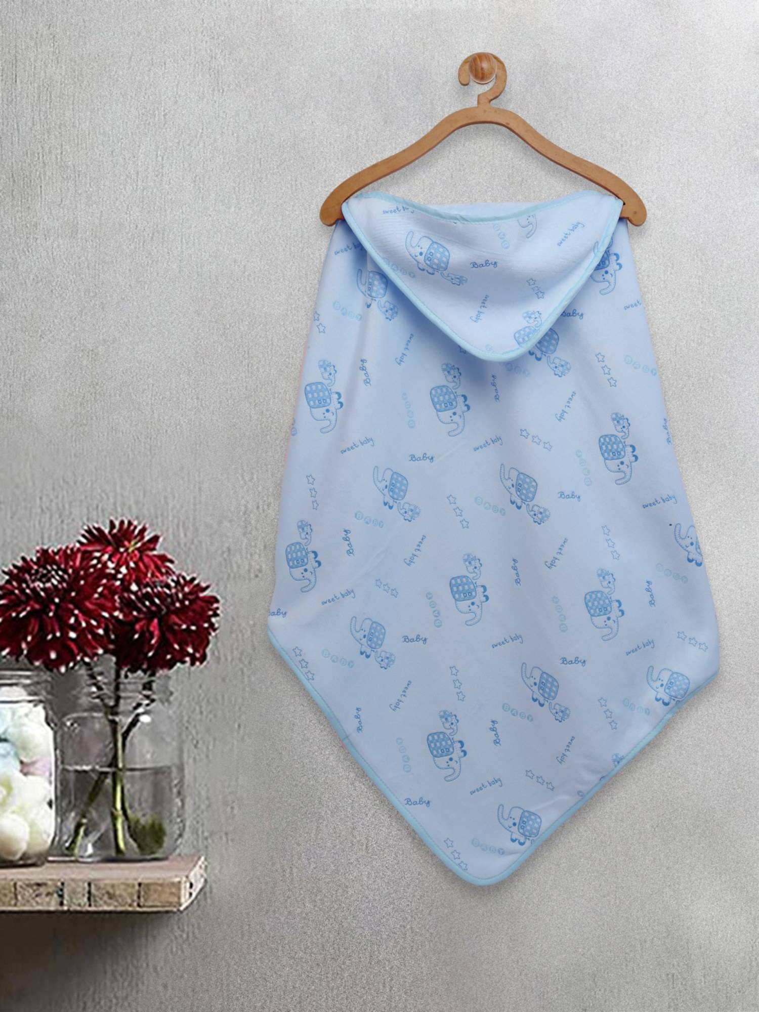 FABINALIV Infant Blue Cartoon Print Cotton Hooded Bath Towel