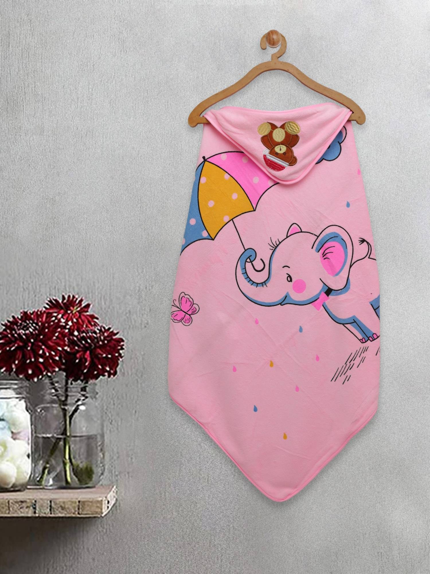 FABINALIV Infant Pink Cartoon Print Cotton Hooded Bath Towel
