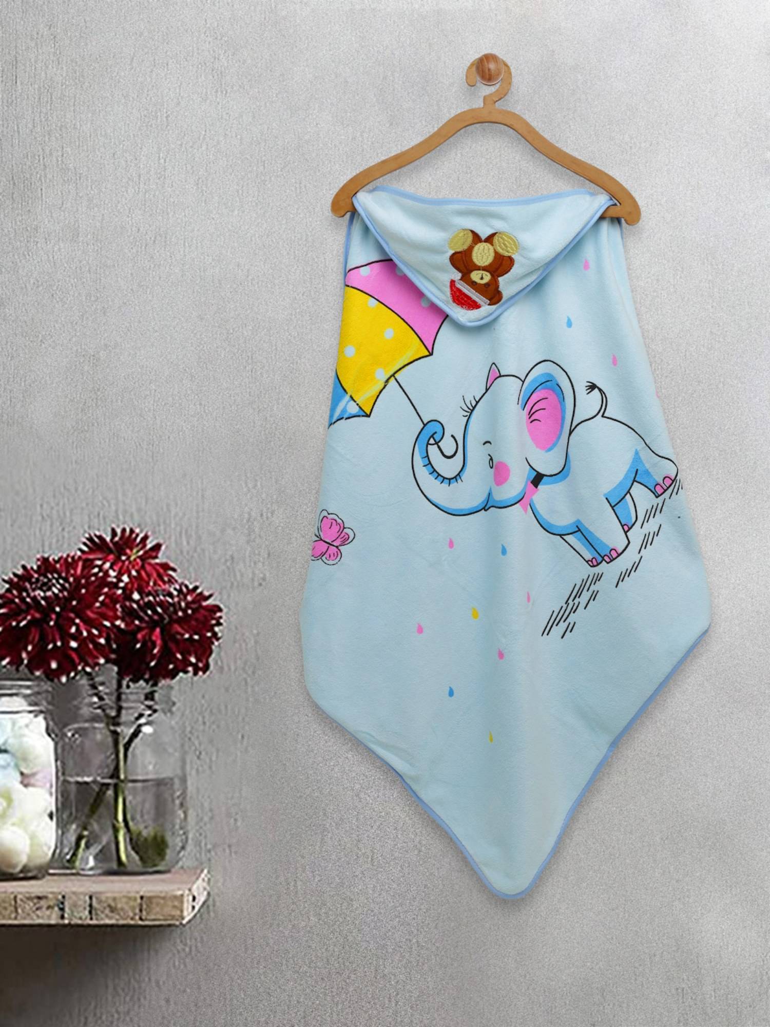 FABINALIV Infant Blue Cartoon Print Cotton Hooded Bath Towel