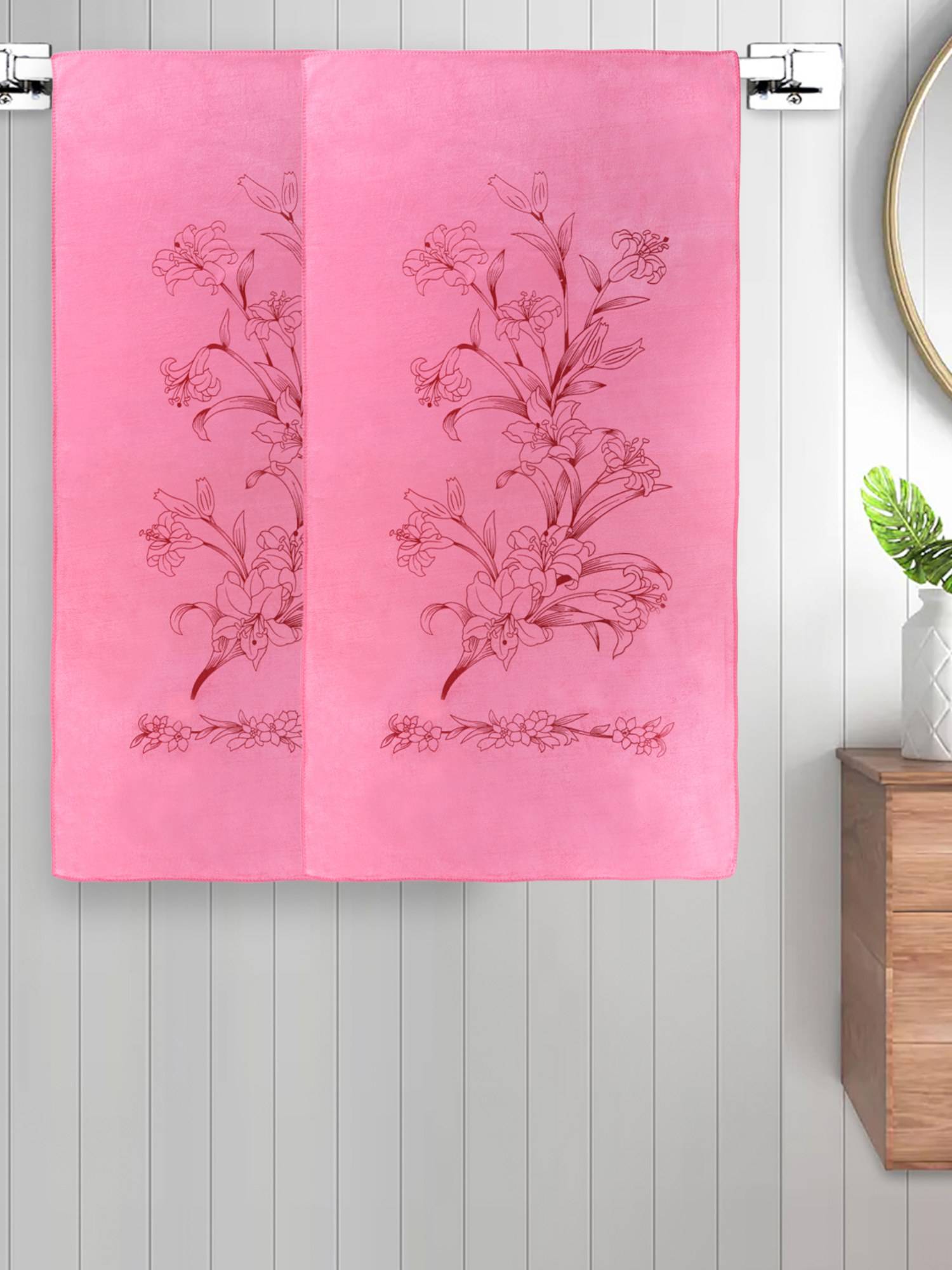 FABINALIV Pink Floral 300 Gsm Cotton Kids Bath Towels (Pack of 2)