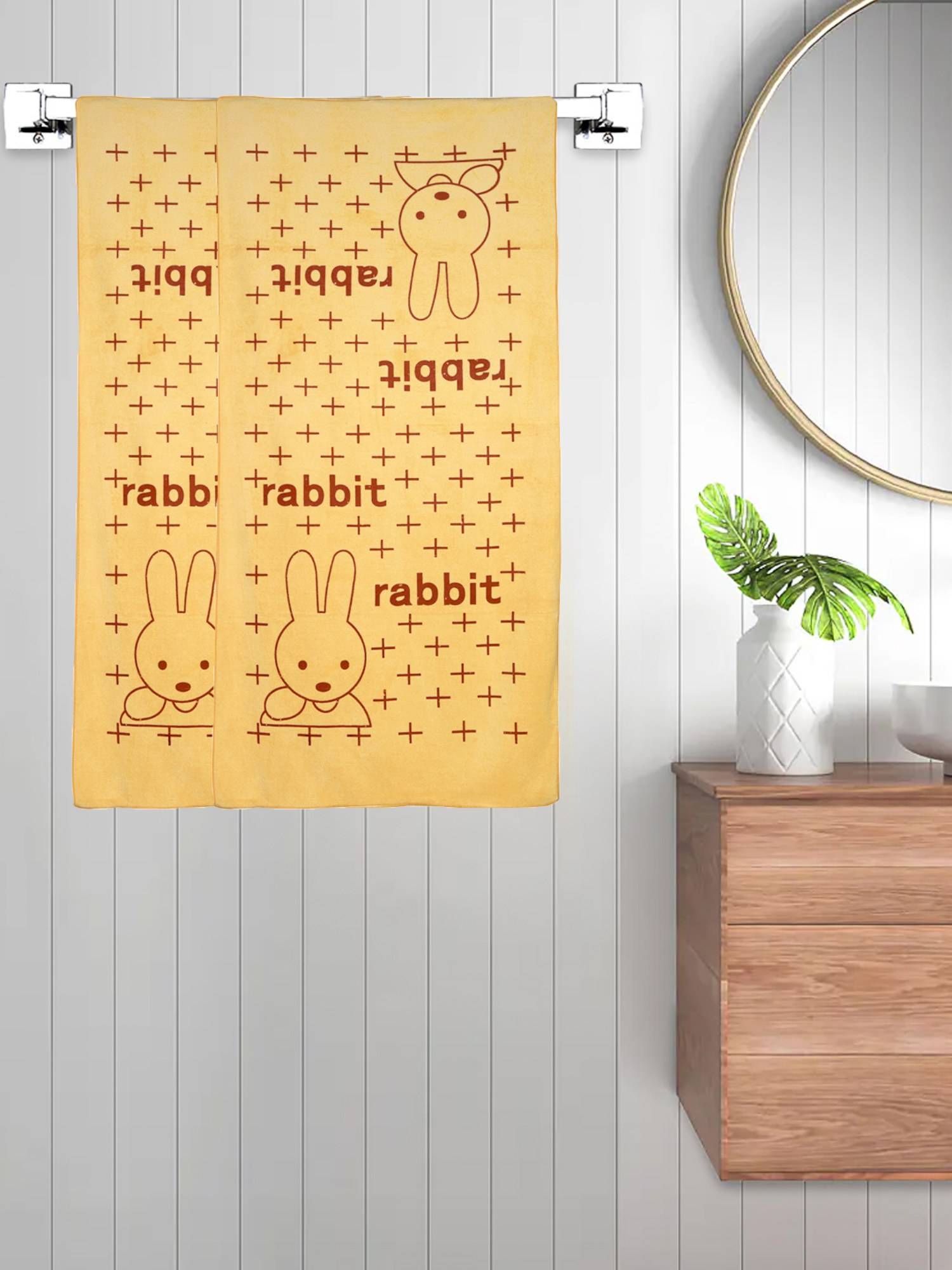 FABINALIV Mustard Cartoon 300 Gsm Cotton Kids Bath Towels (Pack of 2)