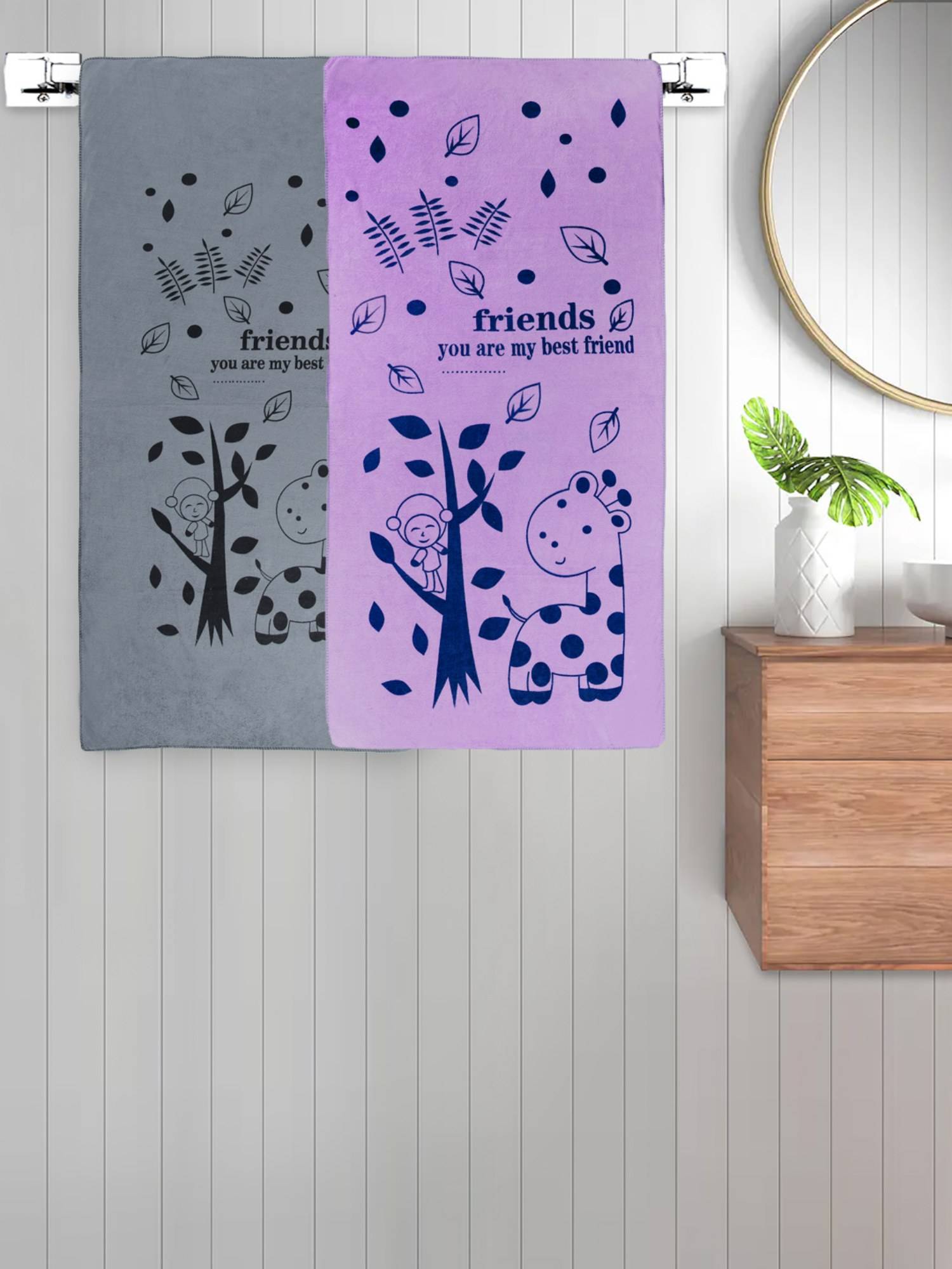 FABINALIV Multicolor Cartoon 300 Gsm Cotton Kids Bath Towels (Pack of 2)