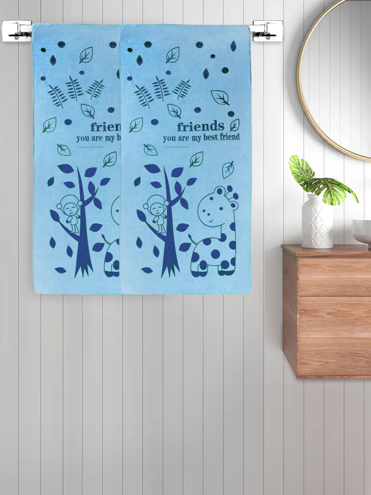 FABINALIV Blue Cartoon 300 Gsm Cotton Kids Bath Towels (Pack of 2)