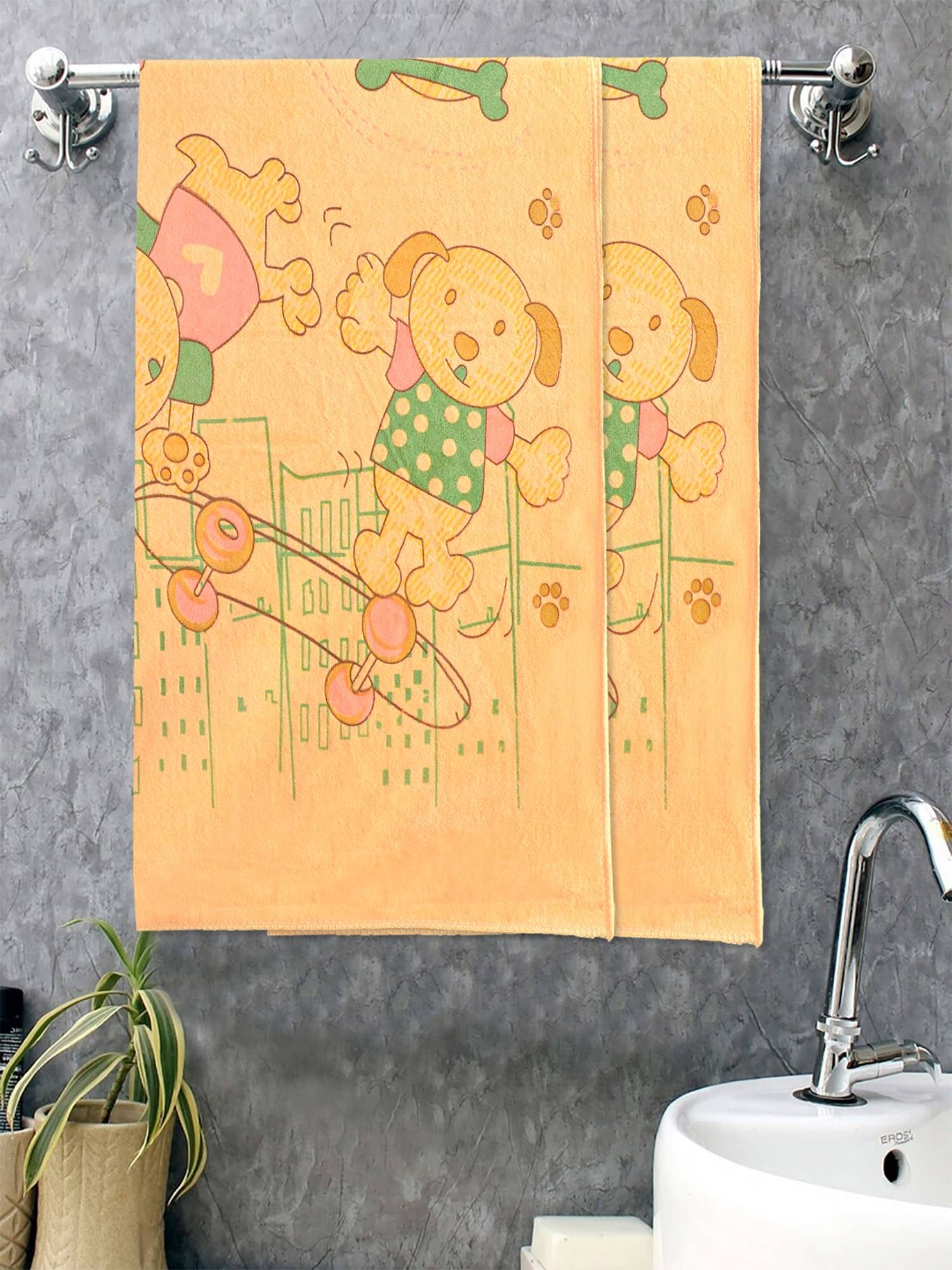 FABINALIV Peach Cartoon Design Cotton Kids Bath Towels (Pack of 2)