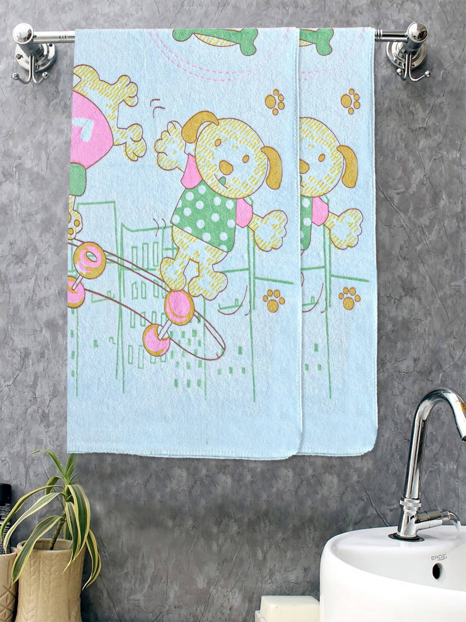 FABINALIV Blue Cartoon Design Cotton Kids Bath Towels (Pack of 2)