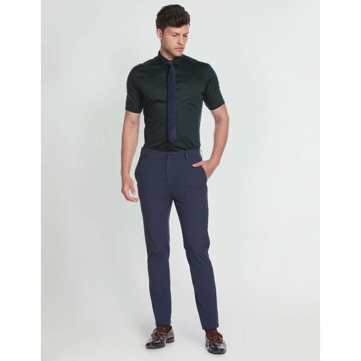 Buy Green Striped Cotton Stretch Formal Trousers For Men Online