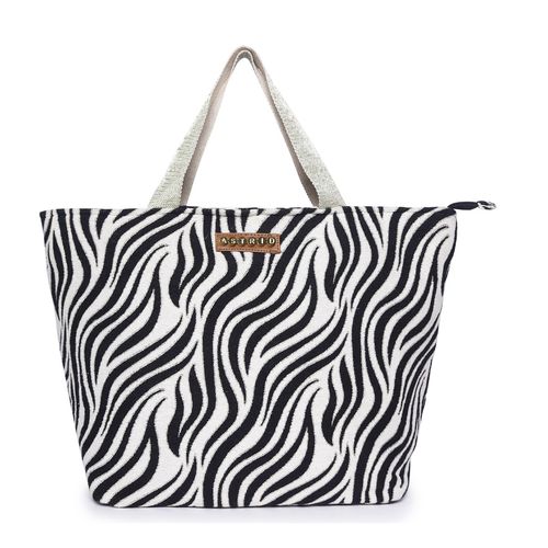 Buy Astrid Black Striped Tote Bag with Tassels and Zipper Closure