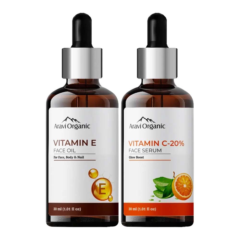 Aravi Organic Daily Glowing And Moisturizing Combo Of 20% Vitamin C Serum & Pure Vitamin E Oil