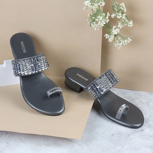 Buy Mochi Women Grey Block Heel Sandals Online - Main Image