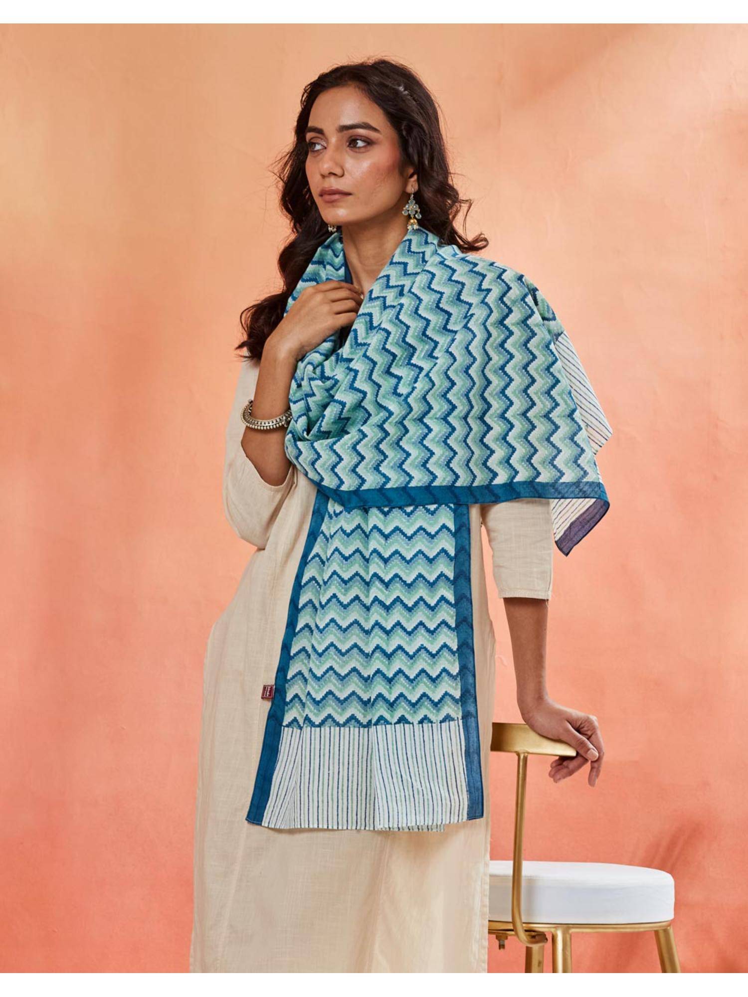 Fabindia Blue Cotton Hand Block Print Stole