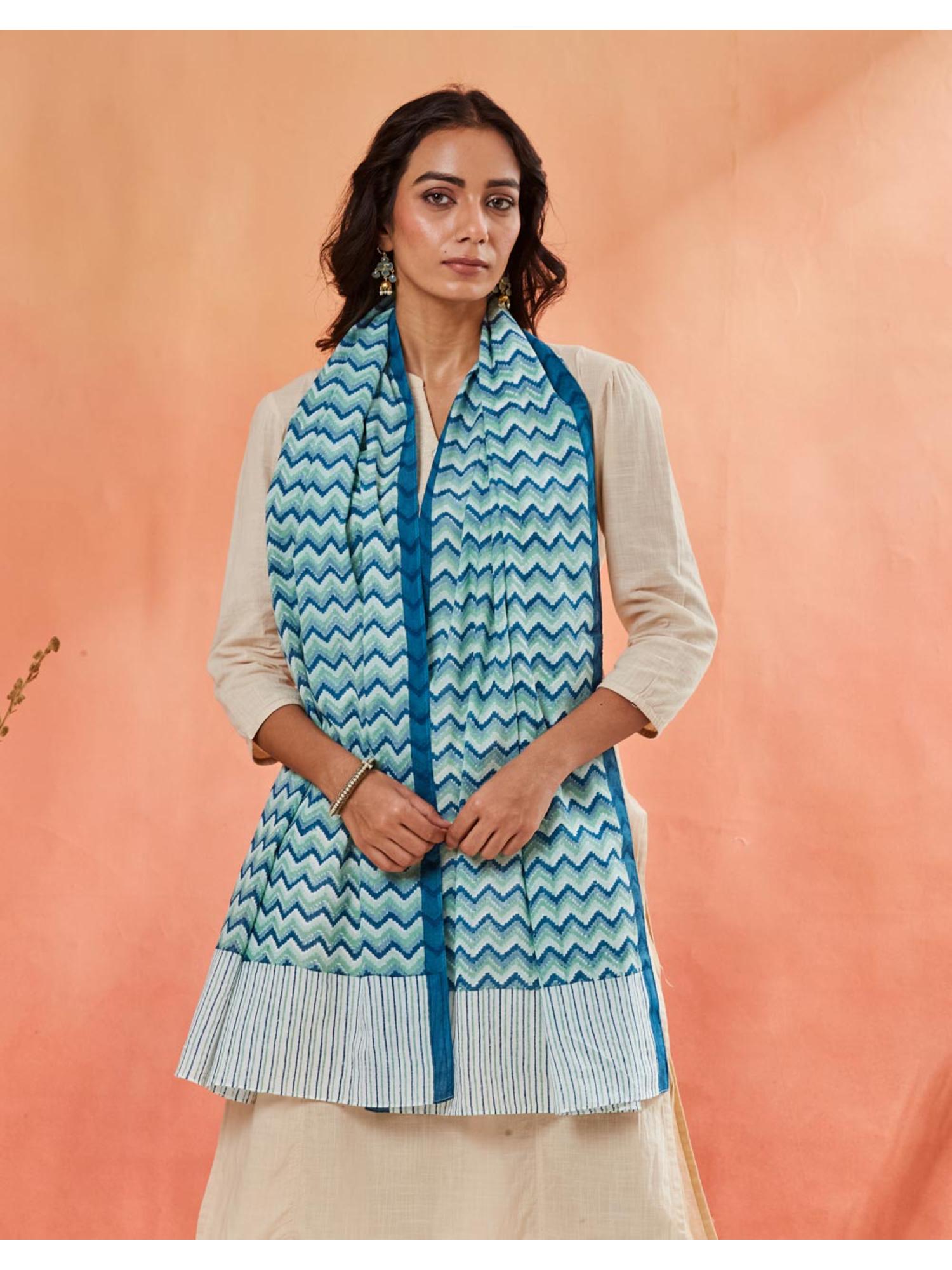 Buy Fabindia Blue Cotton Hand Block Print Stole Online