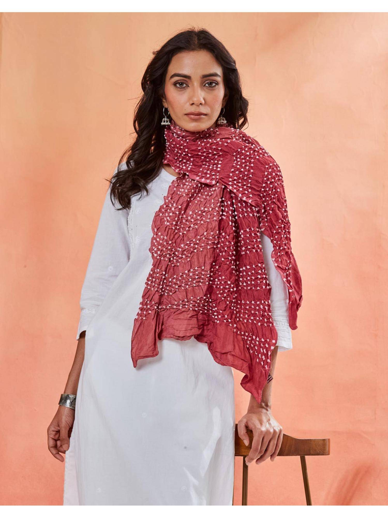 Fabindia Pink Viscose Blend Bandhani Stole