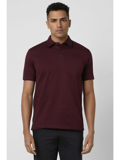 Van Heusen Men Wine Solid Polo Neck T-Shirt