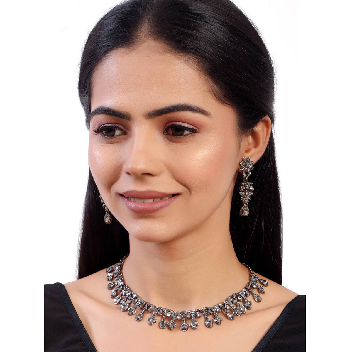 Accessher Silver Plated Party Wear Necklace Set of 2 for Women StuddedBlack Stones Buy