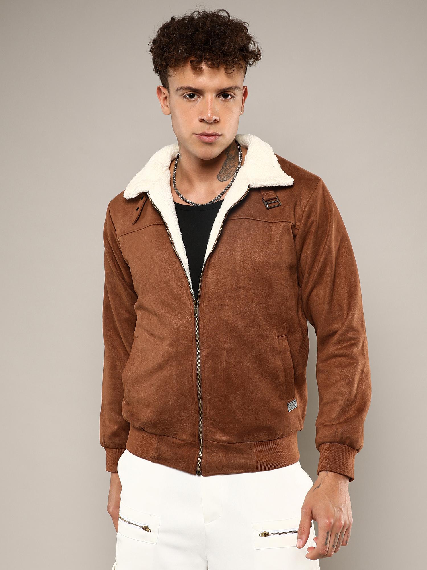 Buy Campus Sutra Men's Brown Zip-Front Jacket with Fleece Detail