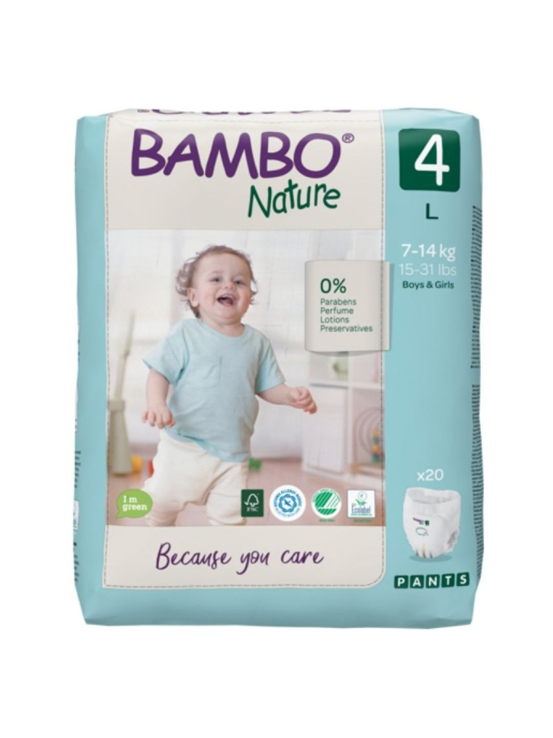 Bambo Nature Premium Baby Diapers - Pants Style, Large Size, 20 Count For Kids From 5-12 months