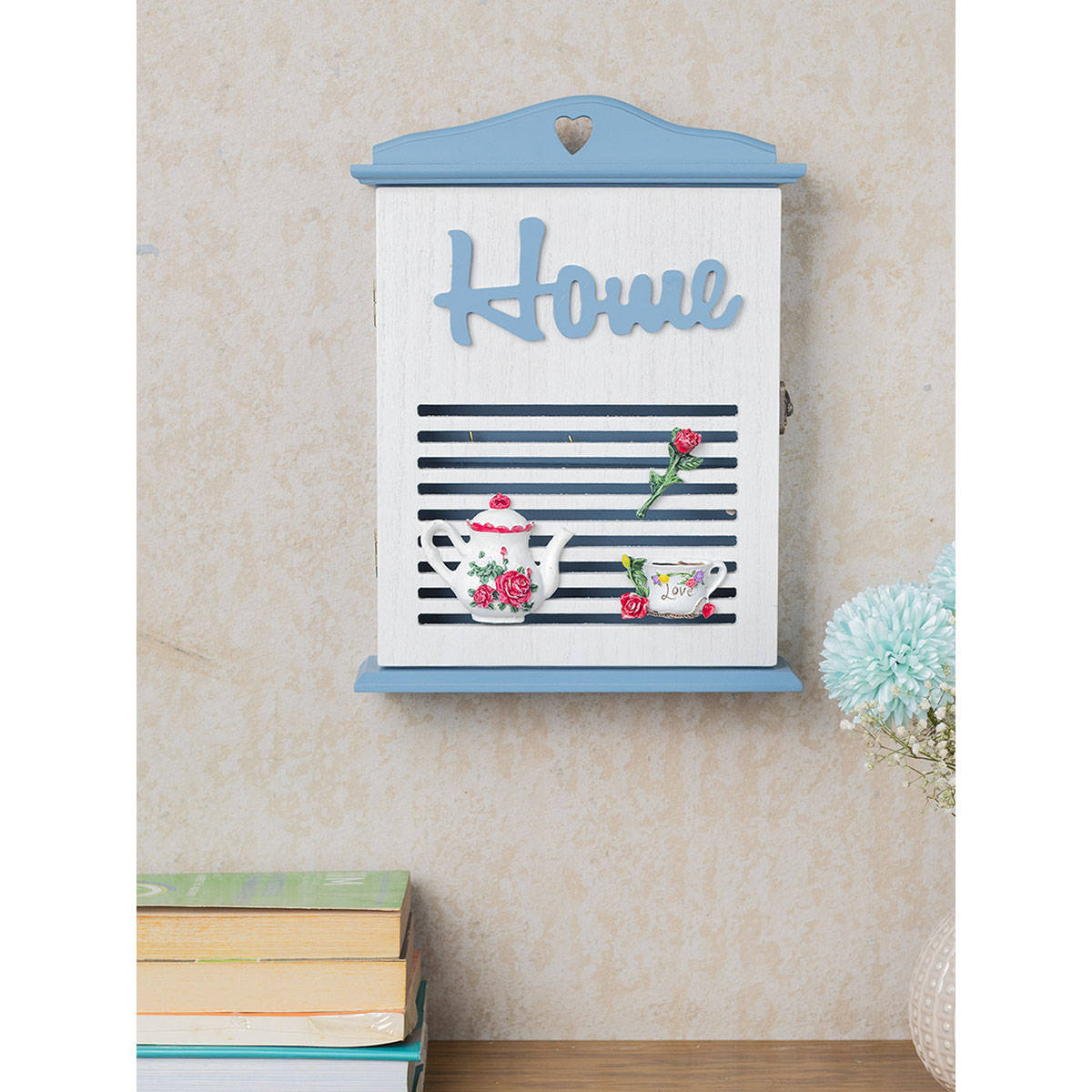 Voncasa Blue & White Wood House Shaped Key Organiser Box