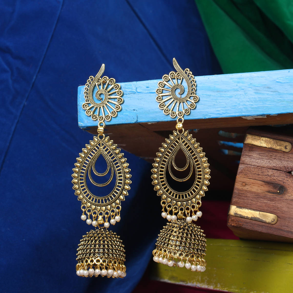 Anika's Creations Gold Plated Oxidised Pearl Studed Ethnic Jhumka Earring
