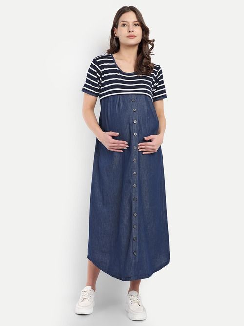 Mamma's Maternity Blue Short Sleeves Stripes Rayon Denim Maternity Dress  (M) (M)