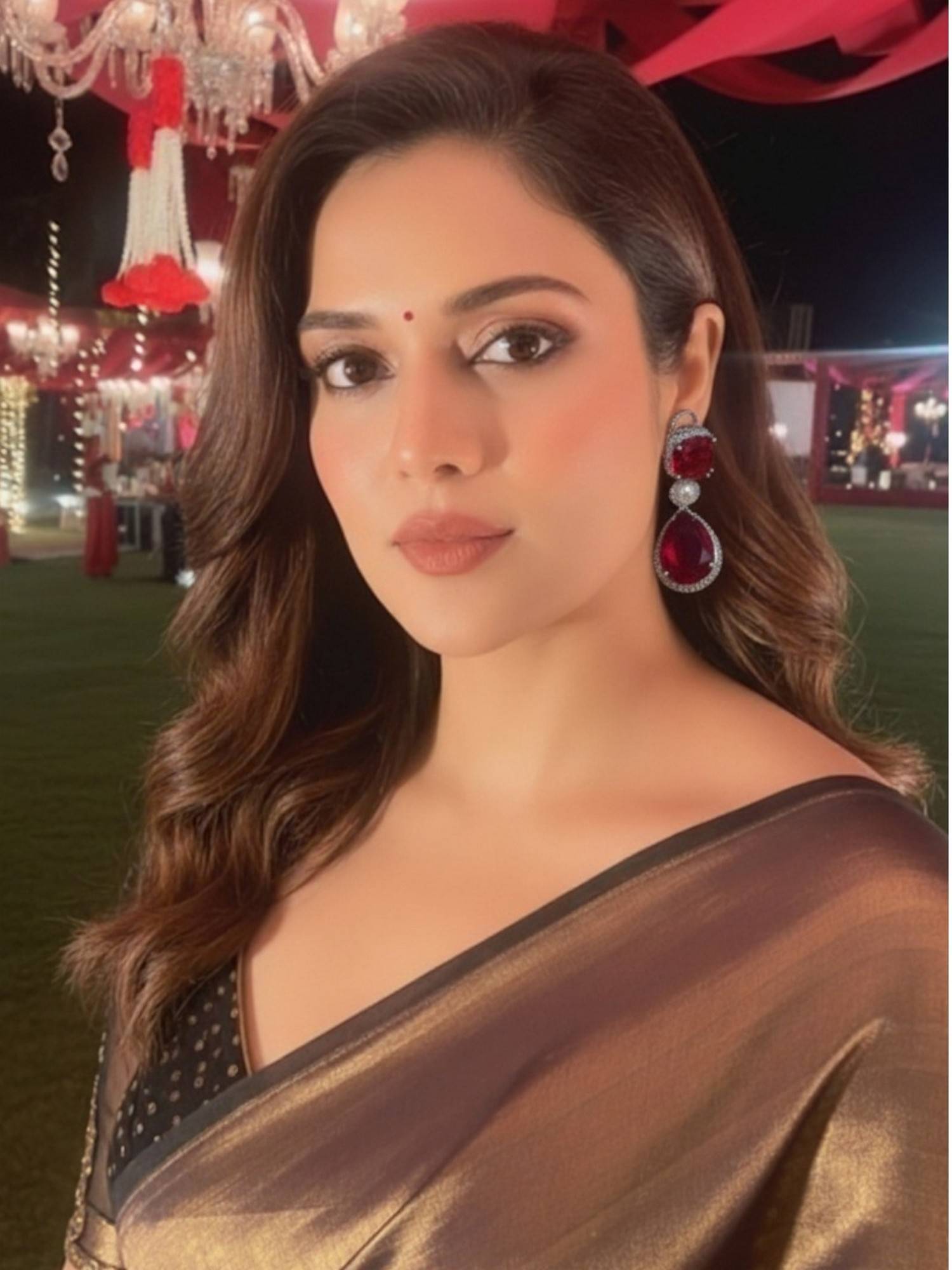 Auraa Trends Luxurious Ruby Red Drop Earrings with Pearls and Silver Tone Detailing