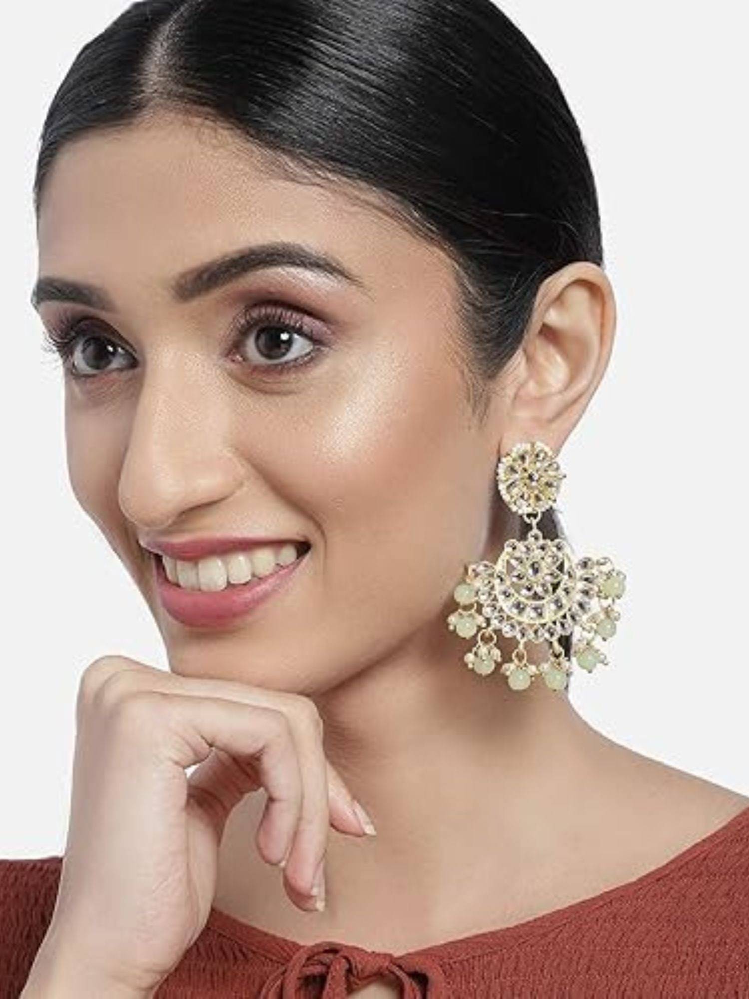 I Jewels Gold Plated Matt Finish Chandbali Kundan and Pearl Green Earrings