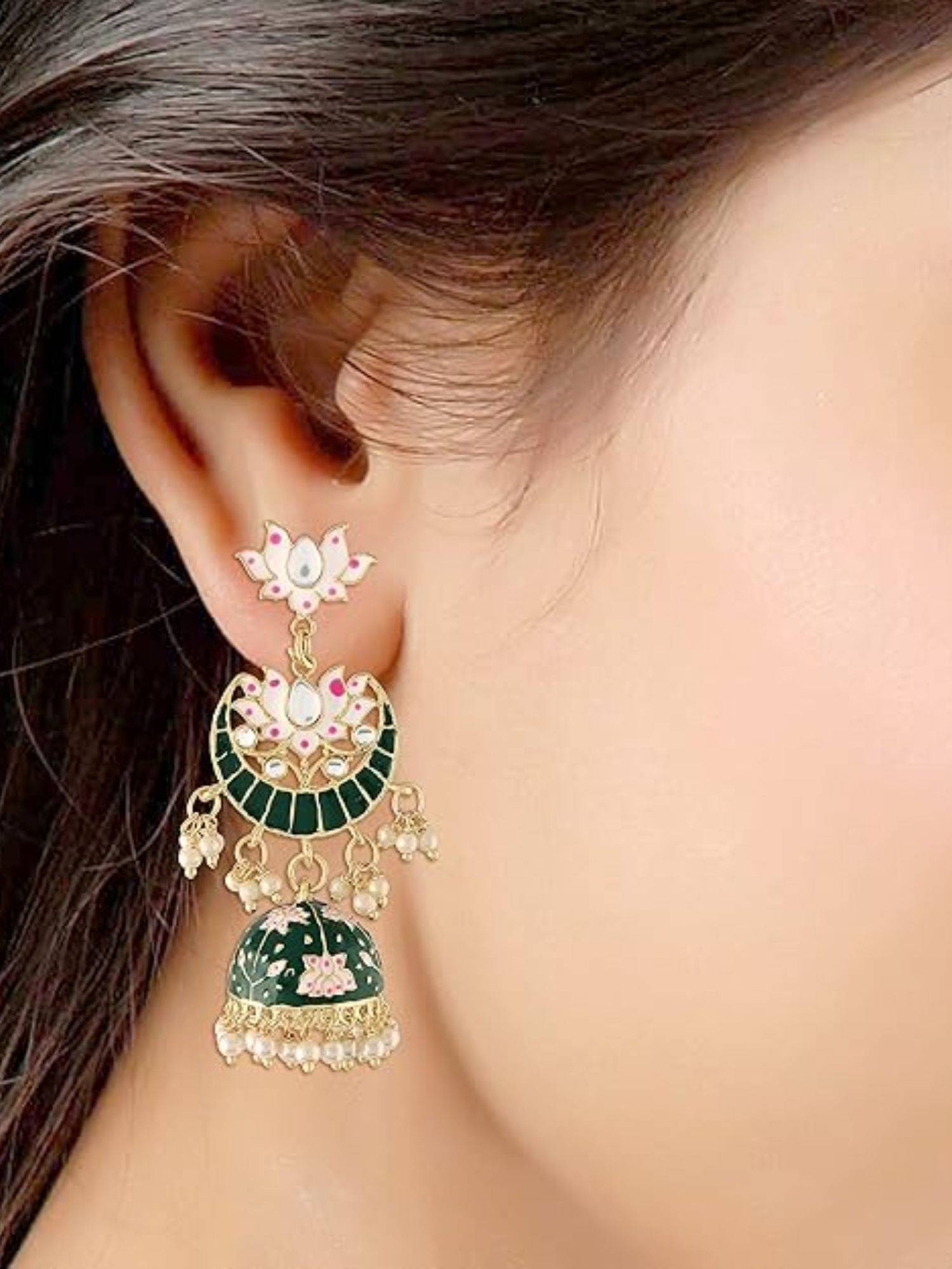 I Jewels Gold Plated Floral Kundan Studded Meenakari Jhumka Green Earrings