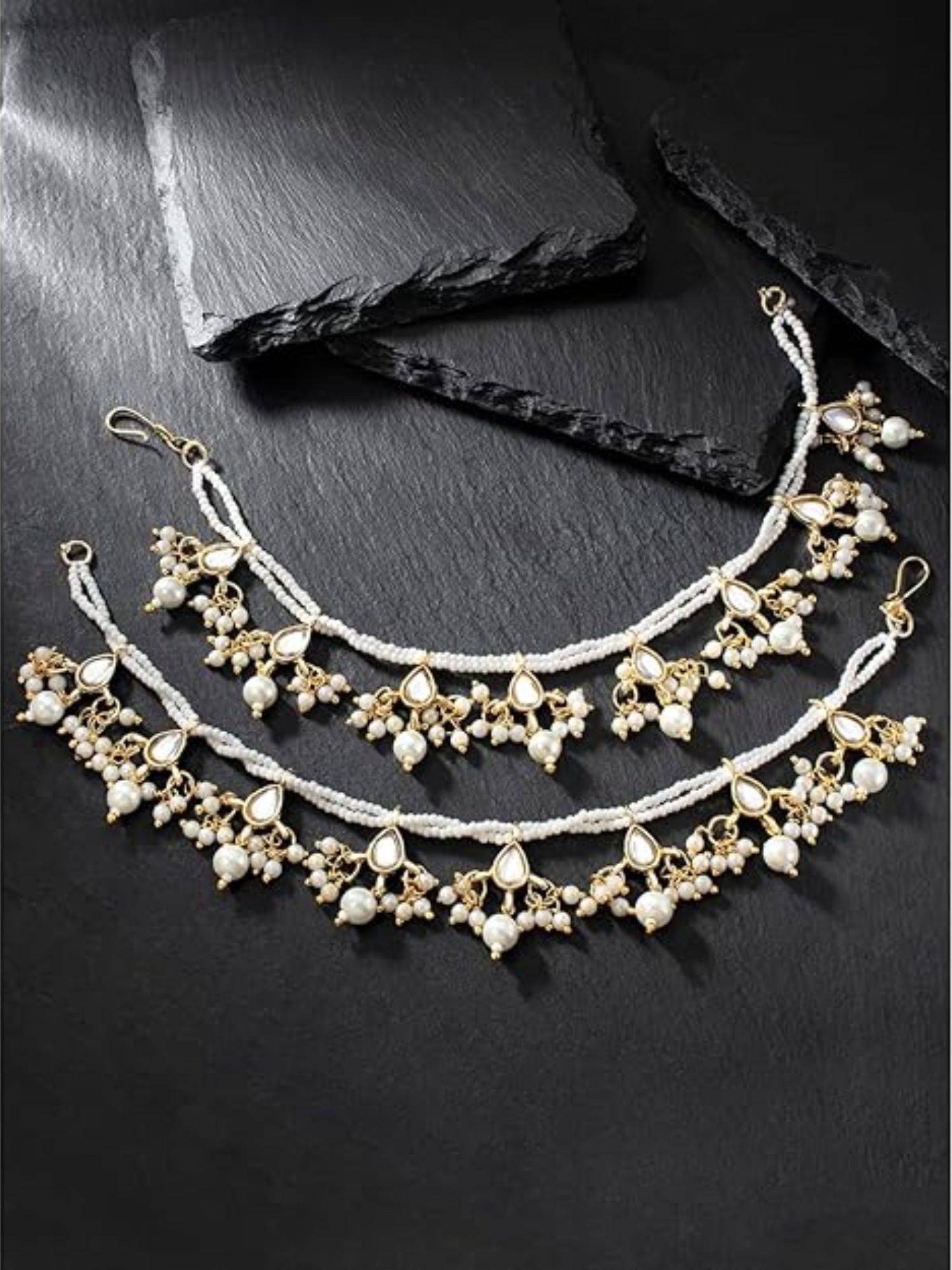 I Jewels Gold Plated Long Pearl Drop Beads White Ear Chain