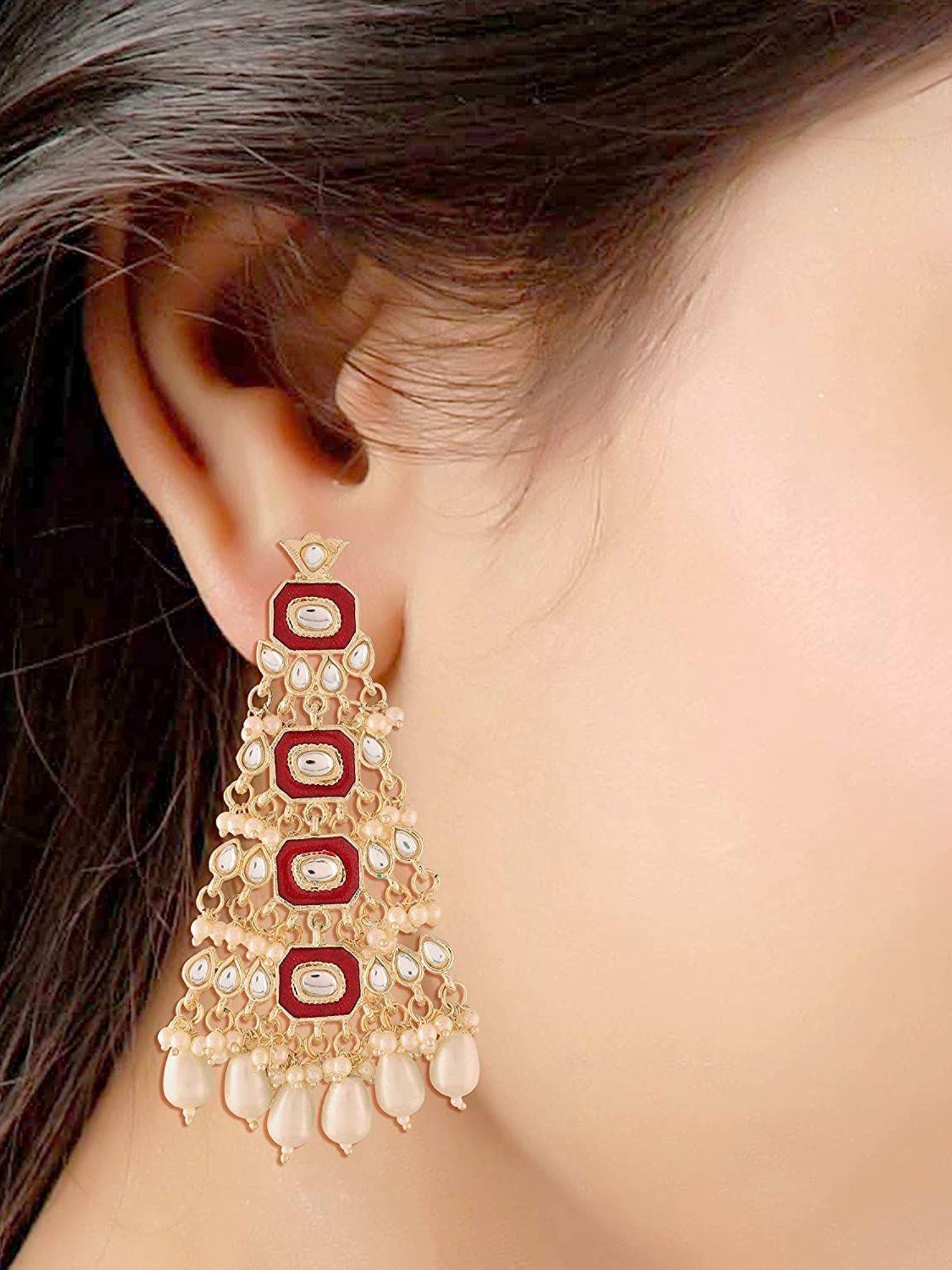 I Jewels Gold Plated Red Meenakari Kundan Pearl Chandbali Dangle Red Earrings