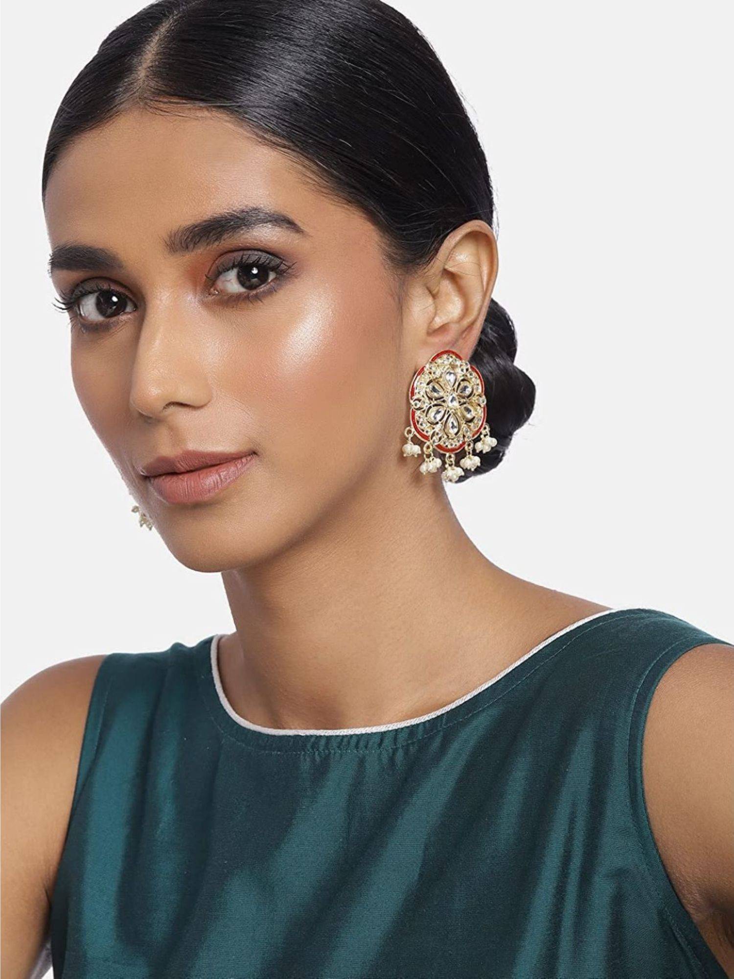 I Jewels Gold Plated Red Meenakari Kundan Pearl Stud Red Earrings