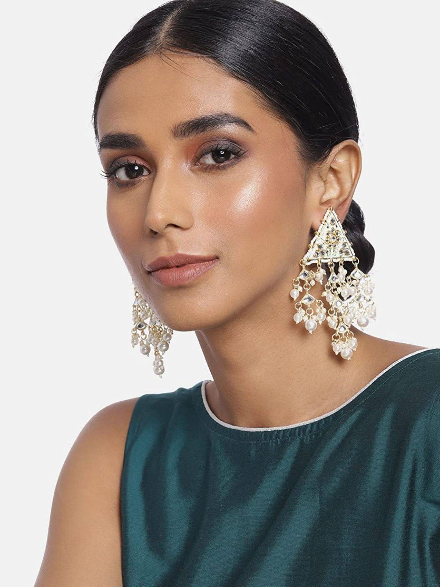 I Jewels Gold Plated Blue Meenakari Kundan Pearl Dangle White Earrings