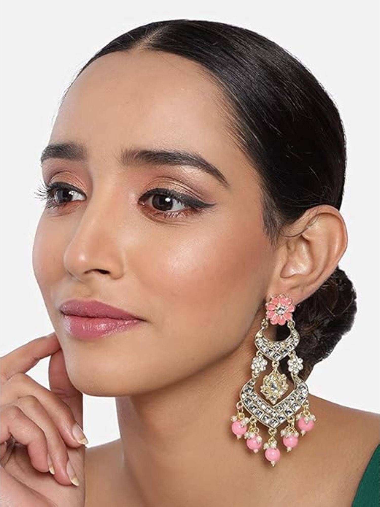 I Jewels Gold Plated Traditional Kundan and Pearl Drop Pink Earrings